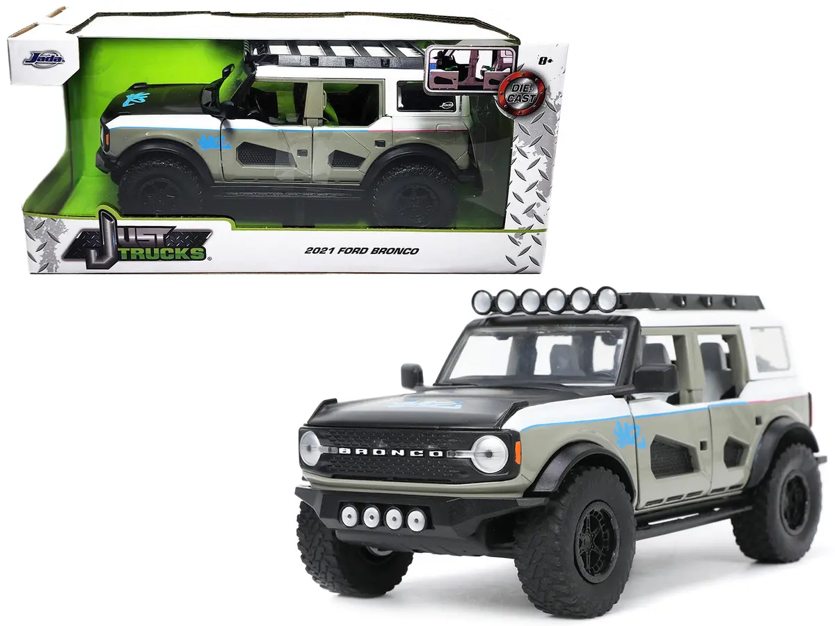 2021 Ford Bronco Gray And White With Matte Black Hood With Roof Rack "M2 Motoring" "Just Trucks" Series 1/24 Diecast Model By Jada 1
