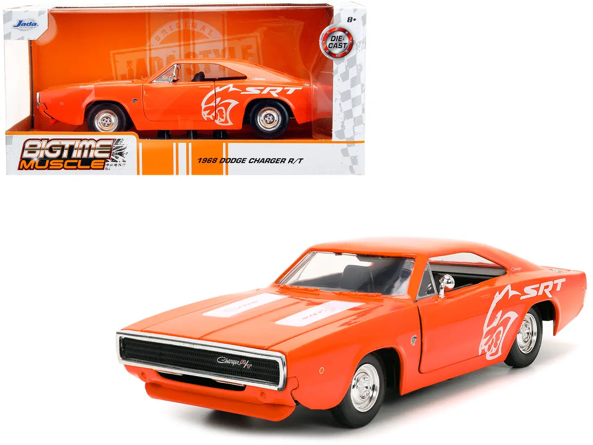 1968 Dodge Charger R/T Srt Orange With White Stripes And Graphics "Bigtime Muscle" Series 1/24 Diecast Model Car By Jada 1