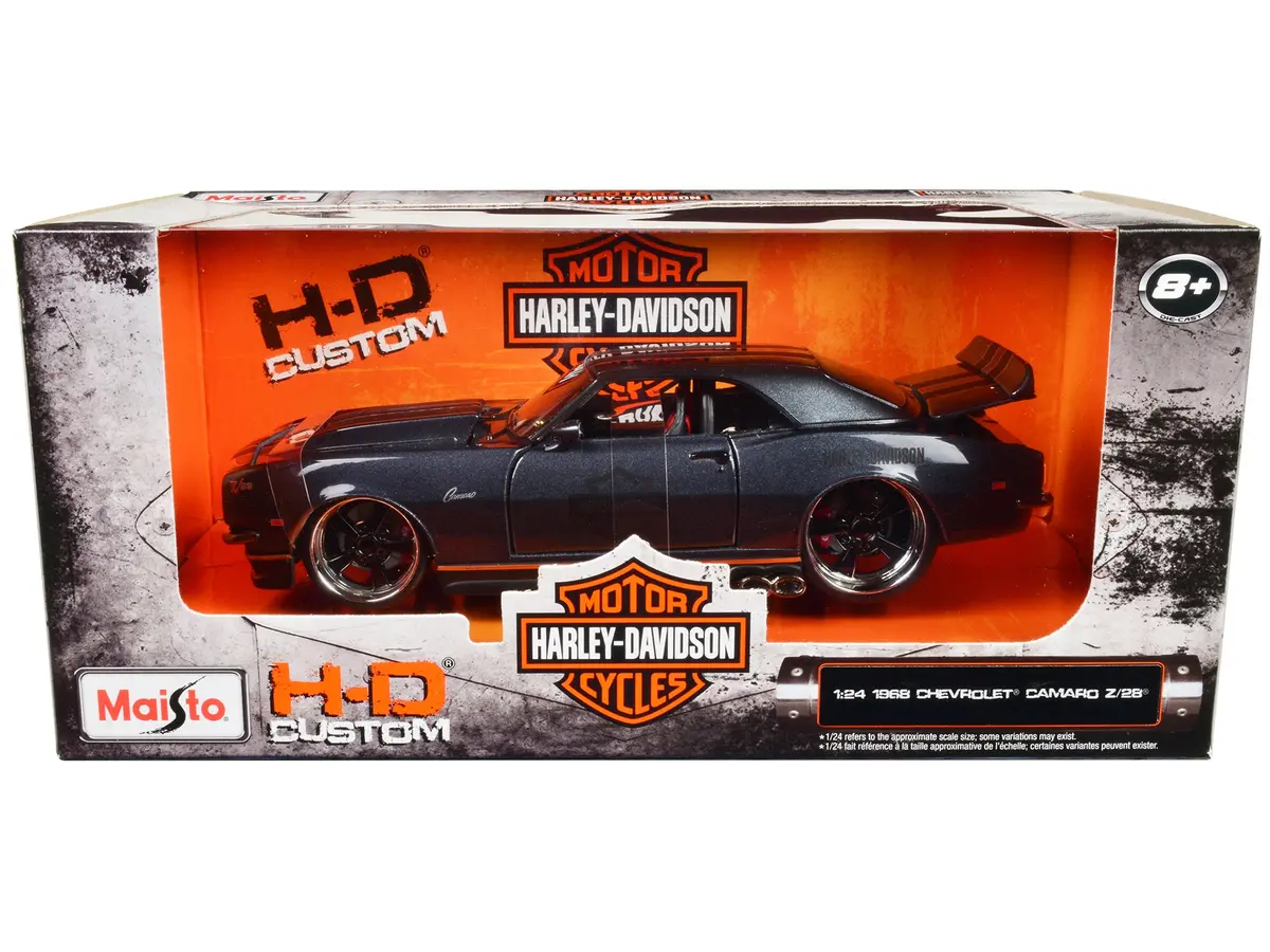 1968 Chevrolet Camaro Z/28 Dark Gray Metallic With Black And Orange Stripes "Harley Davidson" "H-D Custom" 1/24 Diecast Model Car By Maisto 1