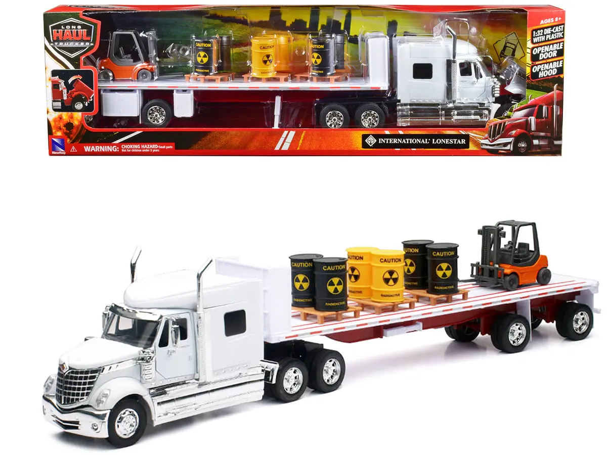International Lonestar Flatbed Truck White With 6 Toxic Barrels 3 Pallets And Forklift "Long Haul Trucker" Series 1/32 Diecast Model By New Ray 1