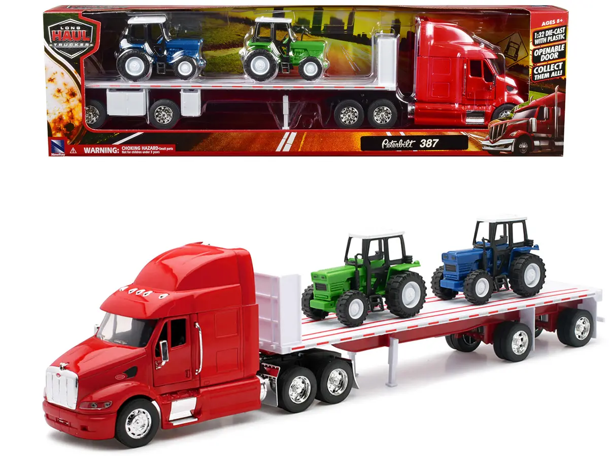 Peterbilt 387 Flatbed Truck Red With 2 Farm Tractors Blue And Green "Long Haul Trucker" Series 1/32 Diecast Model By New Ray 1