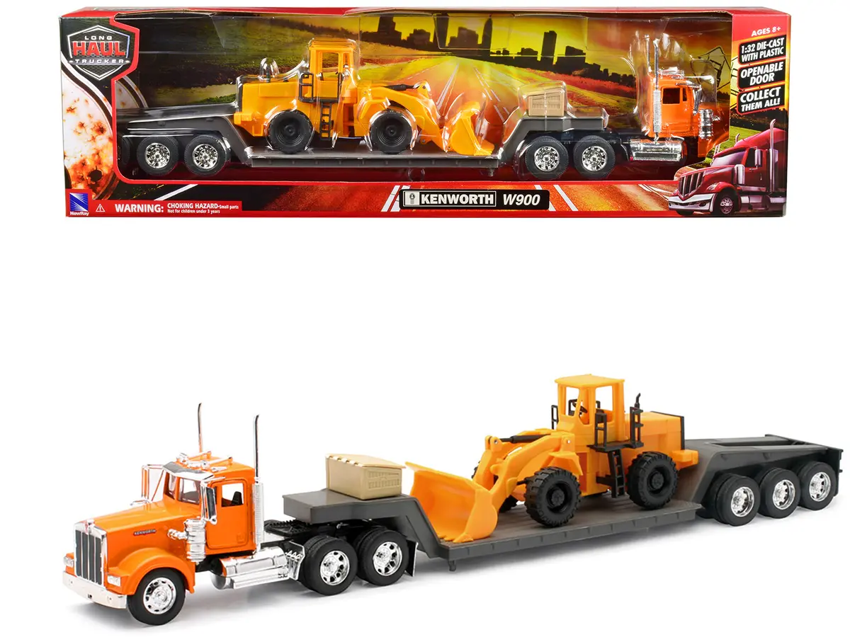 Kenworth W900 Truck With Lowboy Trailer Orange And Wheel Loader Yellow "Long Haul Trucker" Series 1/32 Diecast Model By New Ray 1