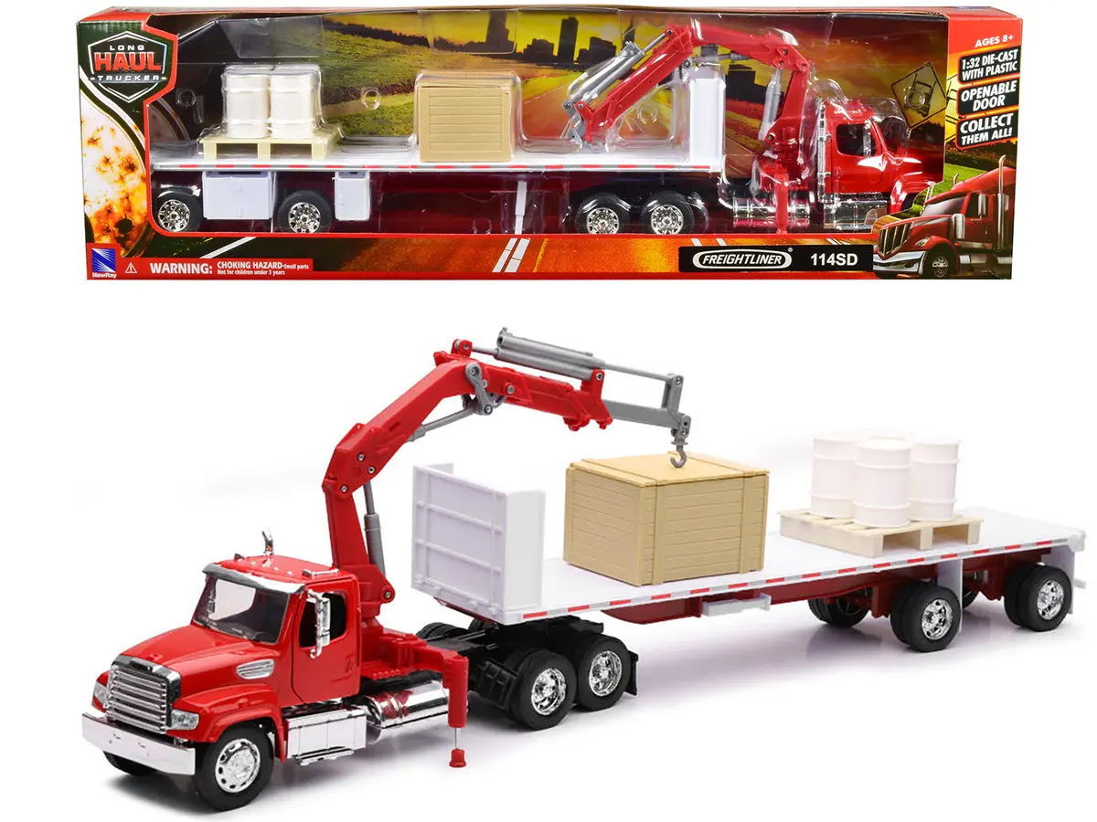 Freightliner 114Sd Flatbed Truck With Crane Red With Accessories "Long Haul Trucker" Series 1/32 Diecast Model By New Ray 1
