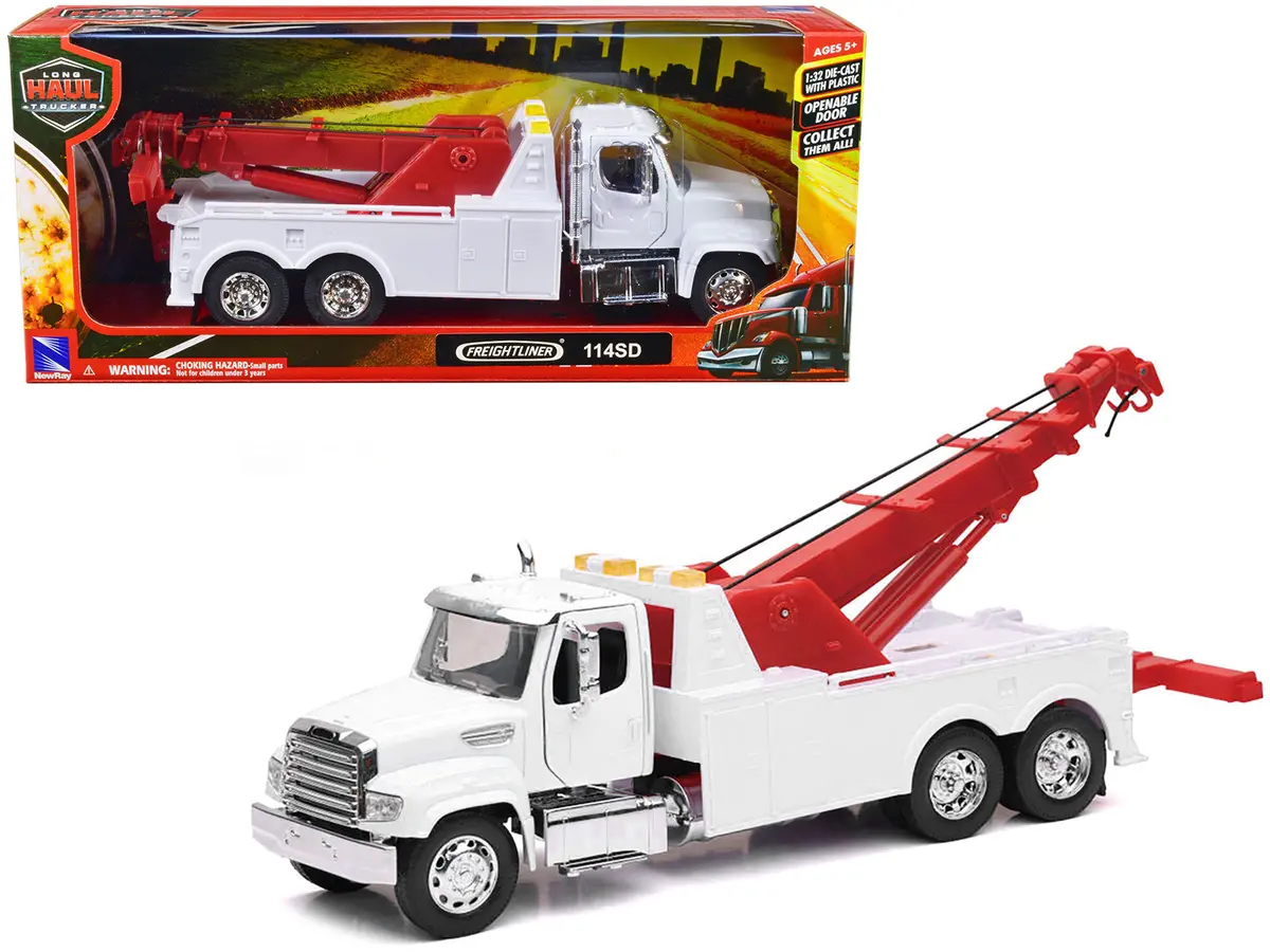 Freightliner 114Sd Tow Truck White And Red "Long Haul Trucker" Series 1/32 Diecast Model By New Ray 1