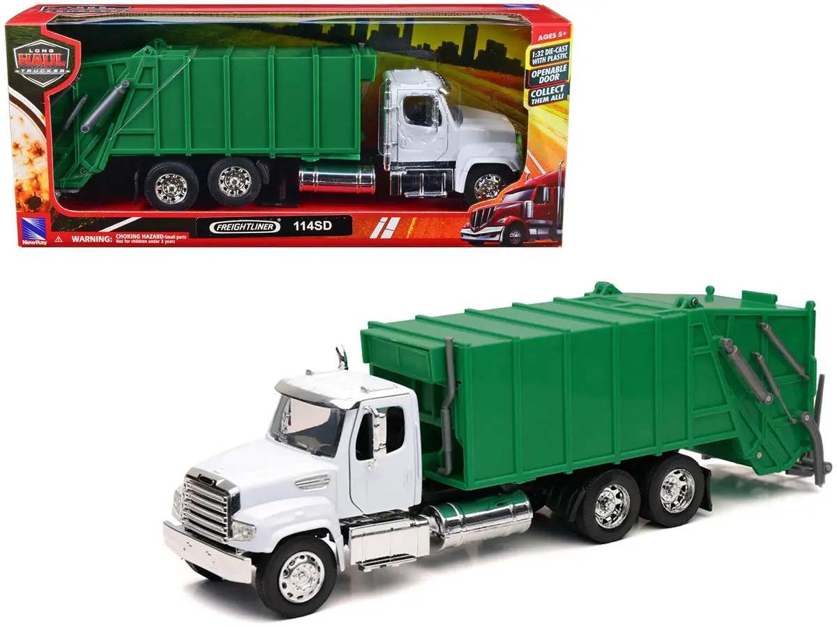 Freightliner 114Sd Garbage Truck White And Green "Long Haul Trucker" Series 1/32 Diecast Model By New Ray 1