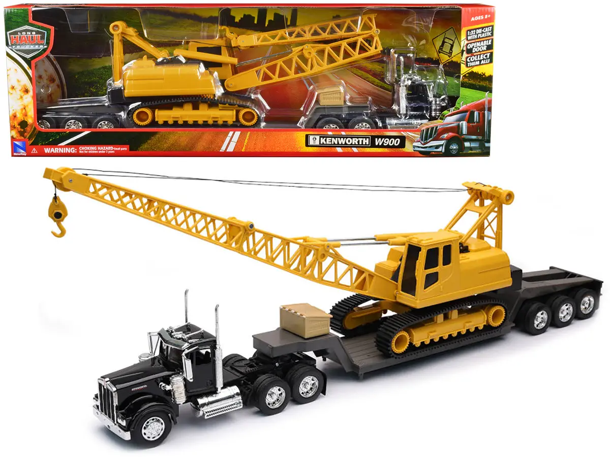 Kenworth W900 Truck With Lowboy Trailer Black And Crane Yellow "Long Haul Trucker" Series 1/32 Diecast Model By New Ray 1