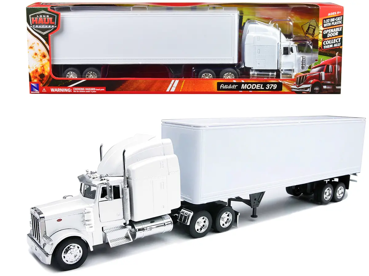 Peterbilt 379 Truck With Dry Goods Trailer White "Long Haul Trucker" Series 1/32 Diecast Model By New Ray 1
