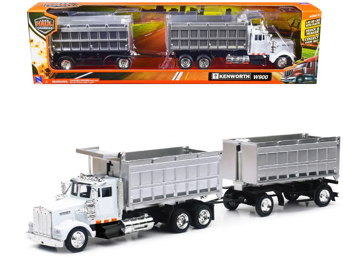 Kenworth W900 Dump Truck With Twin Dump Body White And Chrome "Long Haul Trucker" Series 1/43 Diecast Model By New Ray 1