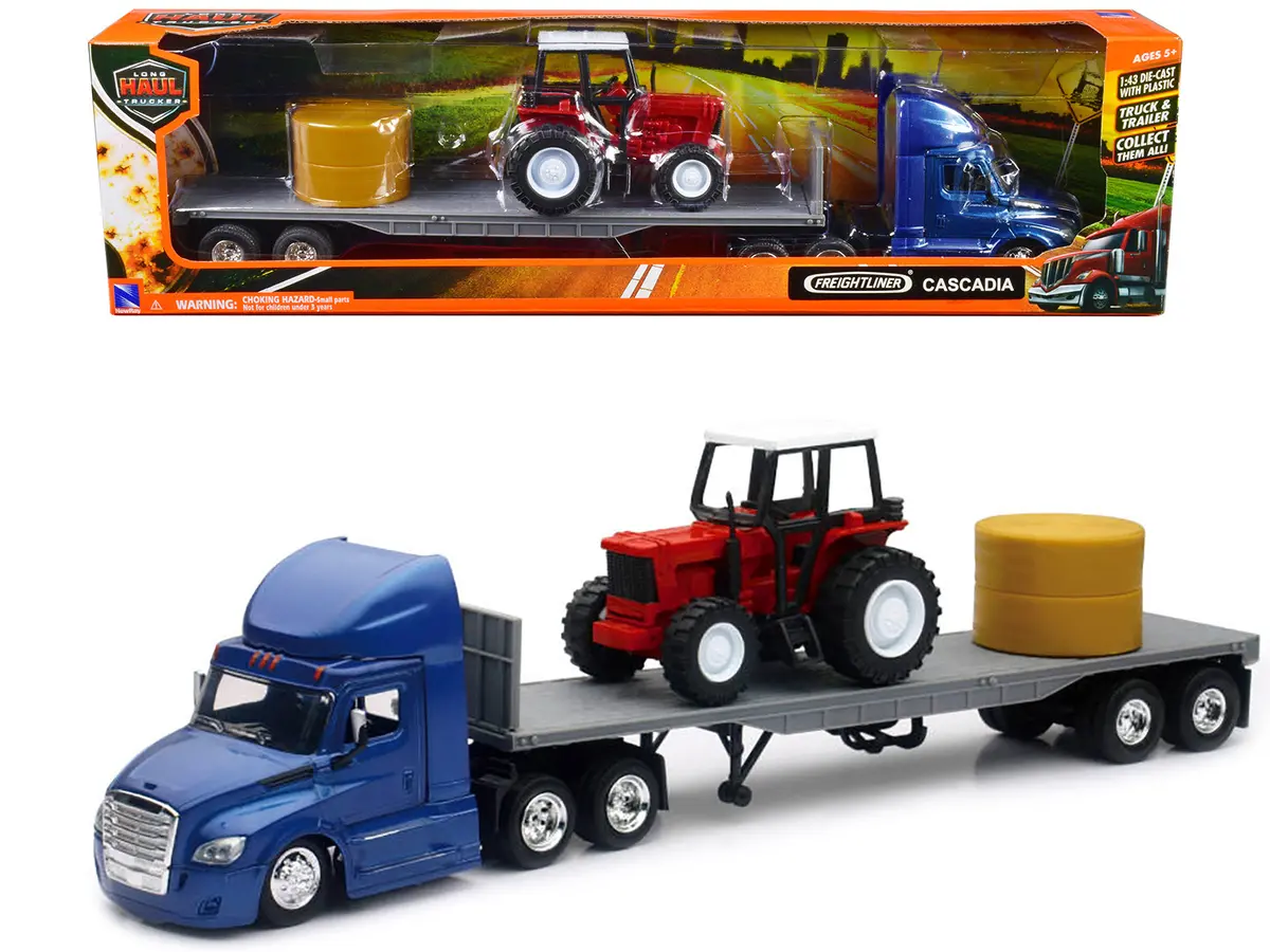 Freightliner Cascadia With Flatbed Trailer Blue With Farm Tractor Red And Hay Bales "Long Haul Trucker" Series 1/43 Diecast Model By New Ray 1