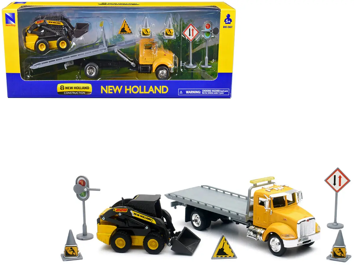 Peterbilt Roll-Off Flatbed Truck Yellow And New Holland L228 Skid Steer Yellow With Road Signs "New Holland Construction" Series 1/43 Diecast Model By New Ray 1
