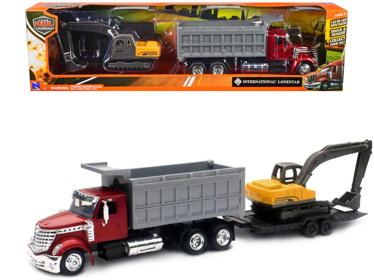International Lonestar Dump Truck Red And Tracked Excavator Yellow With Flatbed Trailer "Long Haul Truckers" Series 1/43 Diecast Model By New Ray 1