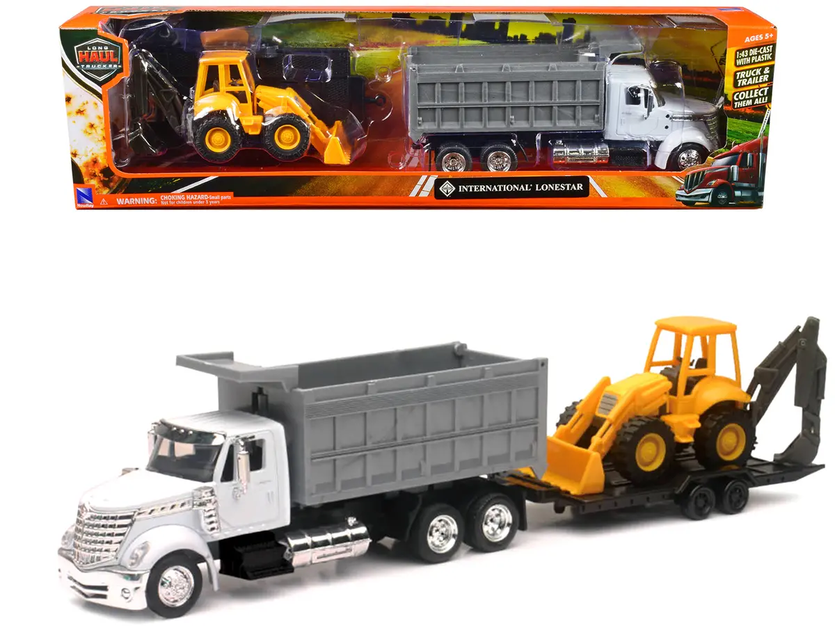 International Lonestar Dump Truck White And Wheel Loader Yellow With Flatbed Trailer "Long Haul Truckers" Series 1/43 Diecast Model By New Ray 1