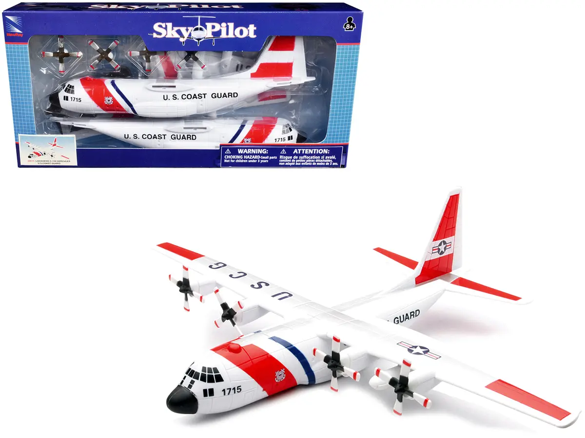 Lockheed C-130 Hercules Transport Aircraft White And Red "United States Coast Guard" Snap Together Plastic Model Kit By New Ray 1
