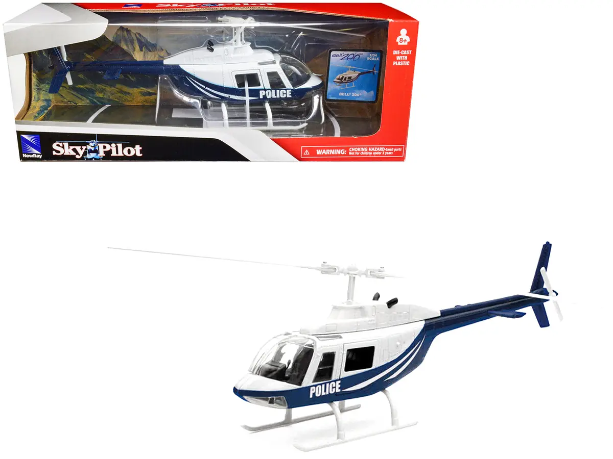Bell 206 Helicopter Dark Blue And White "Police" "Sky Pilot" Series 1/34 Diecast Model By New Ray 1