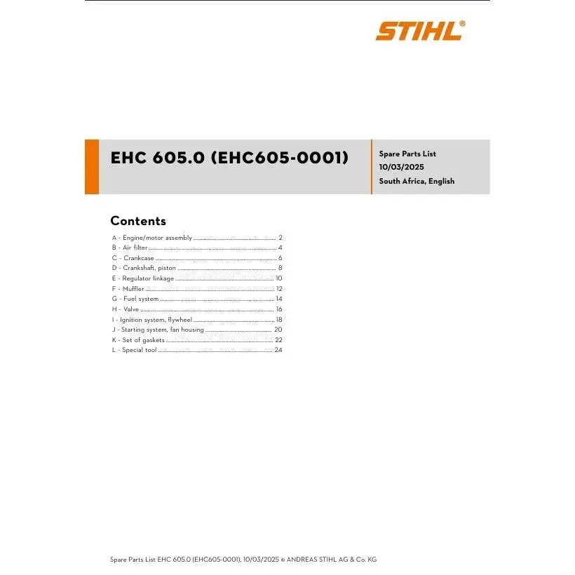 Parts List & Diagram Engine 4T Horizontal Shaft 4.4𝑘𝑊 Ehc605.0 Stihl 1