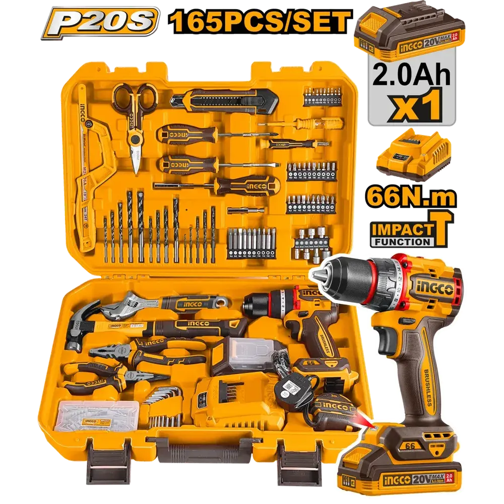 Impact Drill Cordless 𝑃20ˢ + 165Pc Tool Kit Ingcoⓓ 1