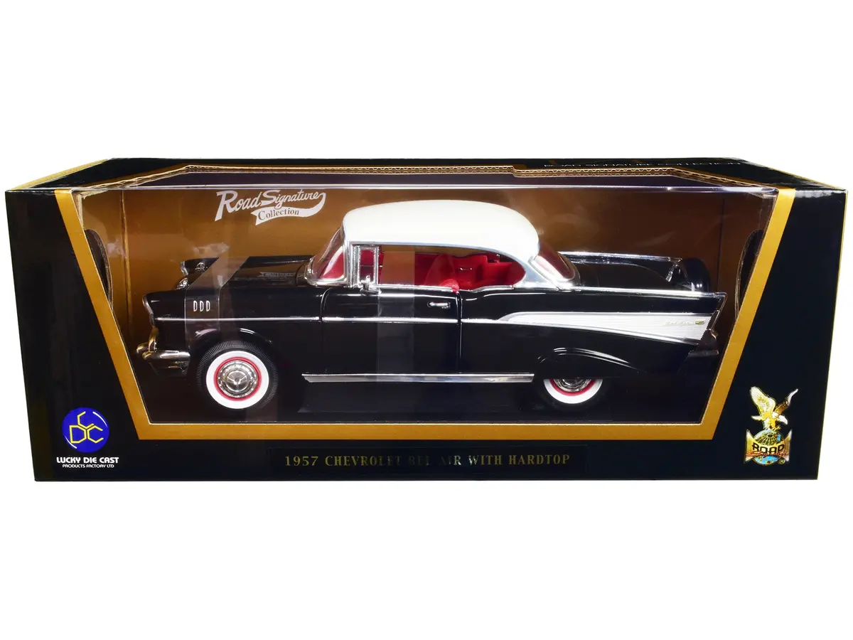 1957 Chevrolet Bel Air Hardtop Black With White Top And Red Interior 1/18 Diecast Model Car By Road Signature 1