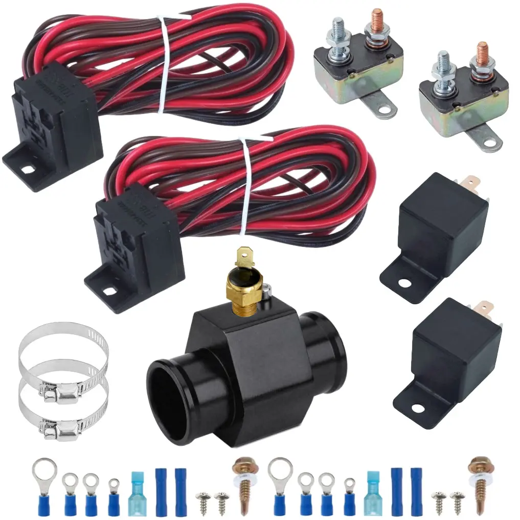 Dual Electric Fan Radiator Hose Adapter Thermostat Ground Switch Wire Kit 1