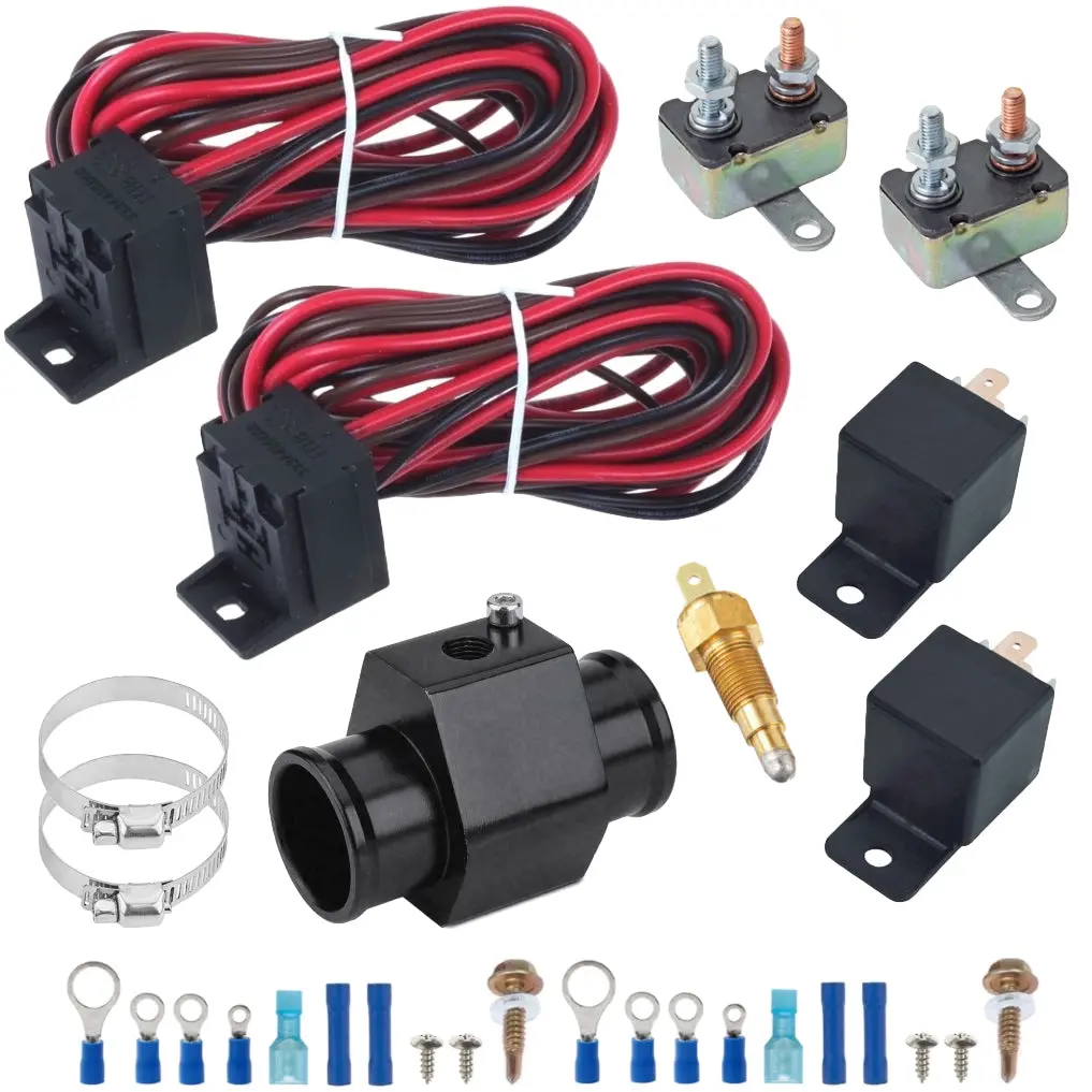Dual 14-15 Inch 180W Electric Fan Radiator Hose Adapter Temp Switch Wire Kit 2