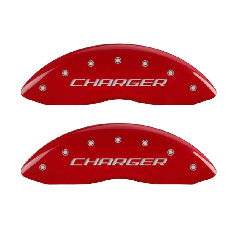 Mgp Engraved 4-Piston Caliper Covers For Front & Rear – Block/Charger Red With Silver Accent Finish 1