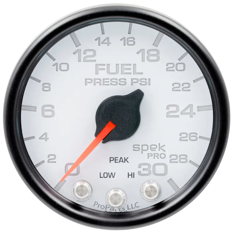 Autometer Spek-Pro Fuel Pressure Gauge (2-1/16", 30 Psi) With Stepper Motor, Peak Hold & Warning – White/Black Dial 1