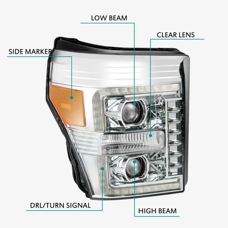 Alpharex Pro-Series Projector Headlights For 2011–2016 Ford F-250 Super Duty – Plank-Style Chrome Housing With Sequential Turn Signals 1