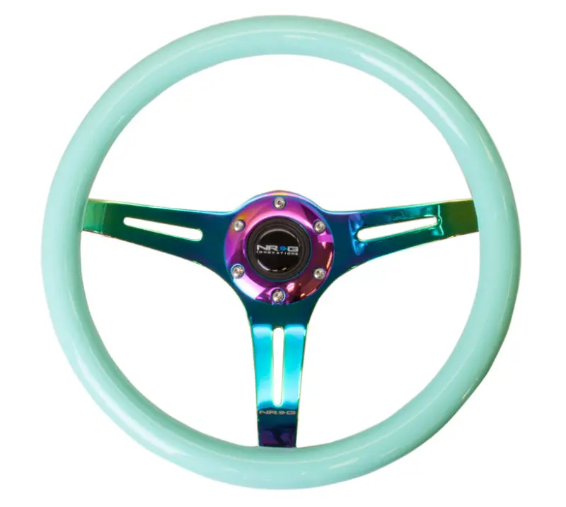 Nrg Classic 350Mm Wood Grain Steering Wheel – Minty Fresh Finish With Neochrome 3-Spoke Center 1