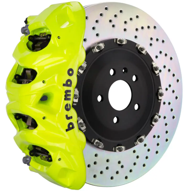 Brembo Gt Big Brake Kit For Porsche Cayenne (2011–2018) – Front, 8-Piston Calipers, 412X38Mm Two-Piece Drilled Rotors, Fluorescent Yellow Finish 1