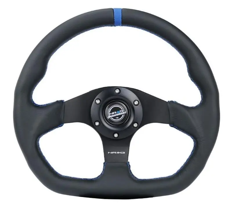 Nrg Reinforced 320Mm Sport Steering Wheel – Flat-Bottom Design With Blue Center & Stitching, Leather Wrap 1